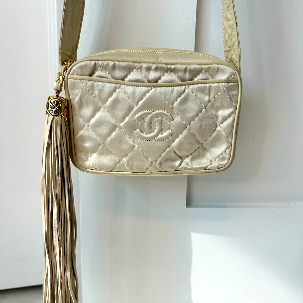 Vintage Chanel Mini Camera Bag in Cream Satin